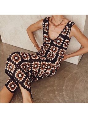Dissh Crochet Dress in Black, Cream & Brown